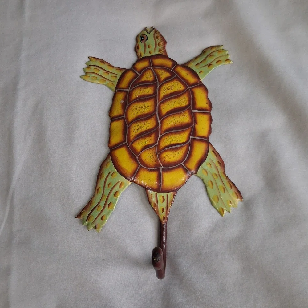 Metal Sea Turtle Wall Hook Hand Painted Coastal Decorative Key Towel Hanger